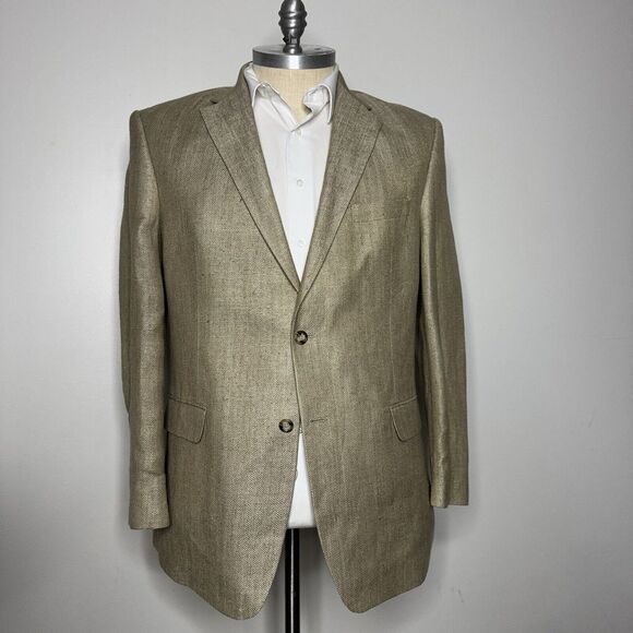 Jos A Bank Sport Coat Blazer‎ 46R Mens Brown Herringbone Silk Linen Tailored Fit - Picture 1 of 11